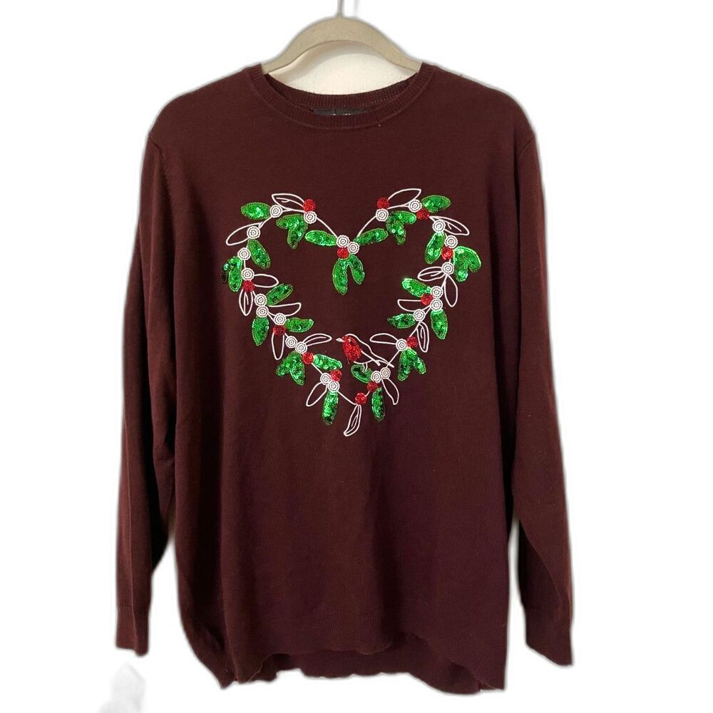 maroon sweater with sequined wreath